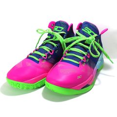 美品 UNDER ARMOUR CURRY 2 アンダーアーマー カリー 2 27cm バッシュ スニーカー メンズ ブルー×ピンク×グリーン