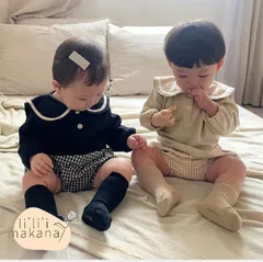 【韓国子供服】セーラー風セットアップ トップス+パンツセット ギンガムチェック