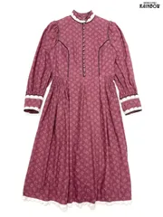 古着 Alphorn パフスリーブ レース ハイネック 花柄 コットン ロング丈 長袖 ワンピース ピンク ボルドー (otu2410023)