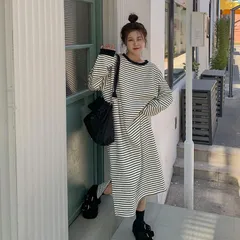 ワンピース 裏起毛 レディース秋冬 ボーダー柄 ロングワンピース ミモレ丈 サイドスリット 長袖ワンピース 裏フリースワンピース 冬インナー 丸首 プルオーバー