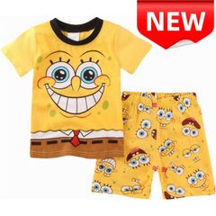 ✨新品✨キッズパジャマ スポンジボブ 子供パジャマ 半袖Tシャツ&ショートパンツ 上下セット キッズルームウェア 黄色 キャラクター 男の子 女の子 サイズ100/110/120/130 部屋着 夏服 半袖パシャマ コットン 綿100%