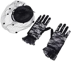 ルボナリエ トーク帽 ブライダル 帽子 カクテルハット ヘッドドレス ウェディング チュール 礼装帽子 フォーマル 手袋 レース手袋(ブラック,  フリーサイズ)