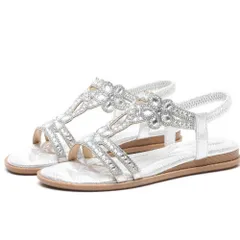 ☆ シルバー ☆ 40(25cm) ☆ レディース サンダル ビーチサンダル きらきら サンダル レディース フラットサンダル ぺたんこ きれいめ キラキラ ビーチサンダル 夏 ラインストーン ビジュー おしゃれ ボヘミアン ストラップ エスニック