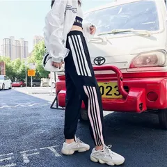 レディース　ストルート系　サイドライン　トラックパンツ　ジャージ（ブラック）