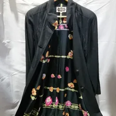 【美品】AEGENCE 薄手 ロング コート ジャケット 裏地柄 ブラック 黒 レディース 羽織 婦人服 古着 昭和 レトロ ビンテージ アンティーク トレンチ 秋服 春服 スカーフ スプリング コート