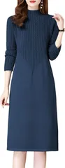 newNE ニューネニットワンピース レディース ケーブル編み ミディ丈 無地 シンプル エレガント 通勤 秋 冬 大きいサイズ ゆったり 長袖 ハイネック 体型カバー 厚手 タートルネック リブニット 4A-W18-NVM(ネイビー,  M)