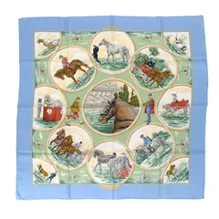 エルメス HERMES スカーフ カレ90 シルク 100% Auteuil en Mai / オートゥイユの5月 大判 ショール アクセサリー 馬柄 レディース メンズ ライトブルー / グリーン / マルチカラー 正規品 極美品 中古 mbq01006