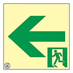 【新品・2営業日で発送】日本緑十字社 緑十字 中輝度蓄光避難誘導ステッカー標識 ←非常口 120×120 消防認定品 code:7913923