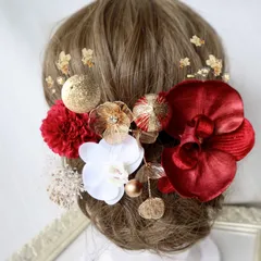 赤色ベルベット胡蝶蘭　金箔付き◆成人式、結婚式、和装髪飾り　振袖や白無垢、前撮り、水引き、造花髪飾り