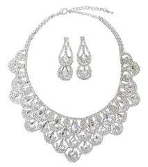 Color:イヤリングセットシルバー ラインストーン ネックレス イヤリングセット ピアスセット アクセサリー ゴージャス パーティー お呼ばれ 謝恩会 (イヤリングセットシルバー)