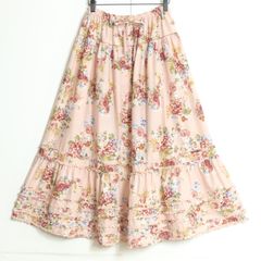 【美品】ピンクハウス★華やか！綿ローンスカート ピンク系 前開き 段々フリル&幅広リボンベルト付き♪花柄♪z14211