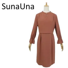スーナウーナ 美品 袖ふわキーネックワンピース レンガ 38 M 日本製 545-55053 ポリエステル 洗える SunaUna ワールド◆O3