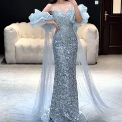 スパンコールがゴージャスなショール付き イブニングドレス