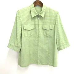 #a レリアン Leilian シャツ ブラウス 七分袖 11号 黄緑 水色 ギンガムチェック ジップアップ ブルゾン 日本製 レディース 934453 k01