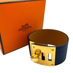 【鑑定済み】正規品 HERMES エルメス ケリードッグ ブレスレット スイフト ゴールド金具 ネイビー ▢R刻印 バングル