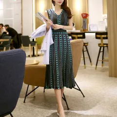 ワンピース  サマーニット ターコイズ 青 緑 膝丈 袖なし フレアスカート 柄