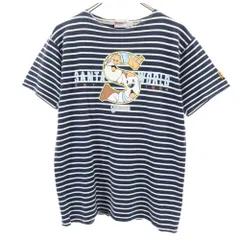 サンタワールド ボーダー柄 プリント 半袖 Tシャツ L ネイビー×ホワイト SantaWorld メンズ 古着 【240401】 メール便可