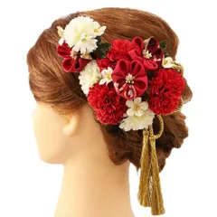 髪飾り 成人式 つまみ細工 赤 振袖 前撮り 袴 浴衣 夏祭り 花火大会 豪華2点セット 白 ちりめん 房付き 和柄 ヘアアクセ かん No.9-4059