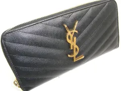 【美品】SAINT LAURENT (サンローラン) ラウンドジップ長財布 カサンドラ ブラックキャビアスキン
