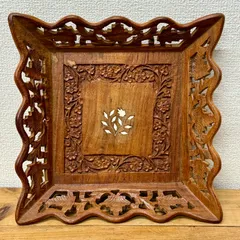 アンティーク風 木製トレー アジアン雑貨 彫刻 透かし お菓子皿 小物入れ ヴィンテージ トレイ インテリア
