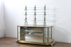 ★事前問合せ必須★ オーバル型展示台 中古 特注オーダー品 曲げガラス 真鍮 しんちゅうフレーム 両面使いの ガラスケース Gケース ショーケース ディスプレイケース 飾り棚 陳列棚 店舗什器 リペア＋発送まで3週間～ R-082105