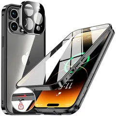 NIANGUO【ロック機能付き・自動ポップアップボタン】 iPhone13 Pro Max 用 ケース クリア 【両面強化ガラス】 9H硬度 【一体型レンズ保護】 アイフォン13プロマックス カバー アルミバンパーケース メタルフレーム 耐衝撃 傷防止 高 0
