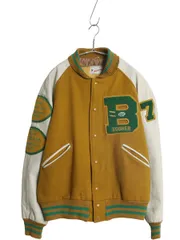 【お得なクーポン配布中!】 70s ★ バトウィン 袖 本革 レザー ウール スタジャン メンズ XL 古着 ヴィンテージ サガラ ワッペン アワード ジャケット 大きいサイズ 黄