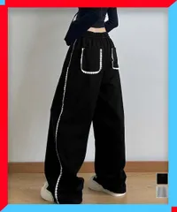 新品 スウェットパンツサイドレースラインパンツ カジュアルパンツ黒 着やせロングパンツ ダンスボトムス脚長