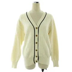 ロペピクニック ROPE Picnic ニット カーディガン 長袖 Vネック 厚手 ライン 38 アイボリー 黒 ブラック トップス /BT