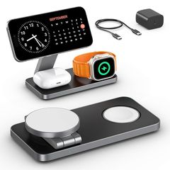 KEEPRO MagSafe 3in1 ワイヤレス充電スタンド 折りたたみ式 iPhone/Apple Watch/AirPods対応 3デバイス同時充電 15W/10W/7.5W 横向き/縦向き自由調整 強力マグネット固定 ベッドサイド・デスク/旅行両用 0