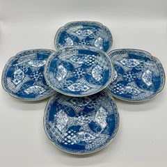 龍峰窯 緑彩金欄手 八角皿 5枚 八角形の陶磁器皿 取り皿 レトロ