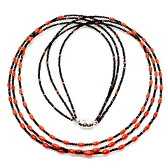 ☆珊瑚ネックレス☆赤珊瑚３連ネックレス☆ブラックスピネル☆珊瑚３連ネックレス☆コーラル☆珊瑚ネックレス☆