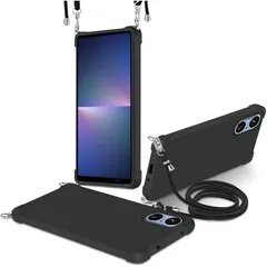 Xperia 5 V ケース 耐衝撃 スマホケース 肩掛け 斜めかけ 縄掛けケース SO-53D SOG12 縄掛け TPU カバー ストラップ付き 軽量 四隅がエアクッション構造・超軍用規格 落下防止 柔軟で変形しない【縄掛け-ブラック 】 0