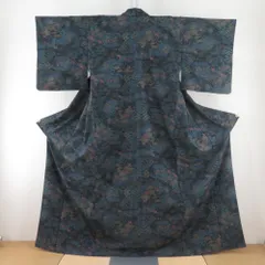小紋 ポリエステル 袷 黒ｘ紺色ｘ深緑色 風景に鳥模様 広衿 仕立て上がり 身丈164cm