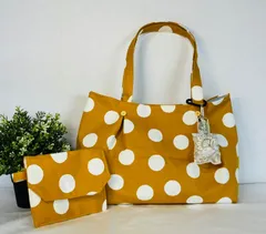 【裁縫ストア・ボヌール】大人かわいい　帆布生地　山吹色ドット柄　トートバック　タッグ付き　大容量　ミニポーチ　底板付き　インド刺繍リボンハンドメイド / №500-556
