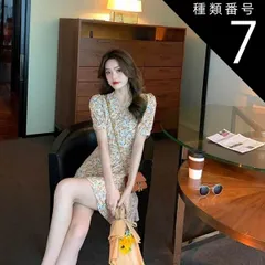 種類7：画像4/L ワンピース ワンピドレス ショート ショート丈 膝上 袖あり 半袖 カシュクール 襟なし フレア Aライン ファスナー ハイウエスト かわいい 大人可愛い シンプル おしゃれ レトロ アジアン エスニック エキゾチック ラフ ラブリー キュ