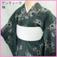 407aa20▼アンティーク着物 紬 花 大輪 大正ロマン 昭和レトロ 和洋MIXコーデ ジュニアにも▼状態良好
