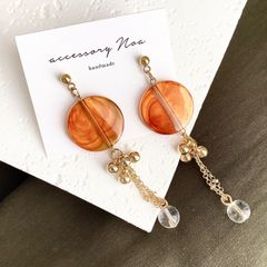 【 イヤカフ / ピアス / イヤリング 】ラウンド べっ甲風 大ぶり ブラウン ロング チェーン アクセサリー 琥珀