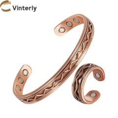 Vinterly-女性用の磁気純銅ブレスレットとリングセット エネルギージュエリー サイズ変更可能 高マグネット 調整可能