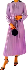 Four leaf 上品 プリーツ ロング ワンピース レディース 長袖 きれいめ ハイウエスト ドレス ロングワンピ フォーマル セミフォーマル リボン ロング丈 大きいサイズ(パープル,  S)