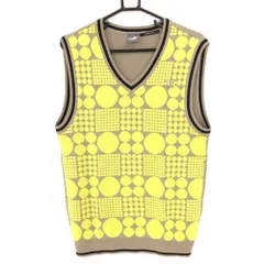 【美品】プーマ ニットベスト グレージュ×イエロー ドット調 Vネック ロゴ刺しゅう  メンズ XO ゴルフウェア PUMA