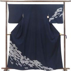 訪問着 身丈163cm 裄67cm 前幅25cm 後幅30cm 袖丈49cm 袖幅34cm レディース 袷 抽象柄 裄長 裄Lサイズ 秋冬春用 正絹（シルク）ネイビー やや難 山本寛斎 リメイク リユース リサイクル【呉服のきくや】