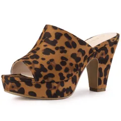 Allegra K サボサンダル ミュールサンダル スライド プラットフォーム チャンキーヒール オープントゥ レディース ヒョウ柄 25.5 cm