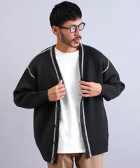 新品 未使用 JIGGYS SHOP(ジギーズショップ)配色カーディガン 長袖 ふわもち ウール混 217536 ブラック/チャコールのサムネイル