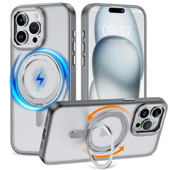 KMAMBNG iPhone 15 Pro Max 用 ケース 縦横両対応 リング 【多機能360度回転スタンド】 MagSafe対応 ワイヤレス充電対応 半透明マット スマホケース 米軍規格 耐衝撃 カメラレンズ保護 車載ホルダー対応 6.7インチ いp 1
