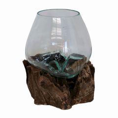 溶けたガラス＆天然木 の花瓶 フラワーベース Sサイズ 流木風 オブジェ アート 睡蓮鉢 すいれん鉢 金魚鉢 めだか鉢 メダカ鉢 ナチュラルティスト バリガラス 090458