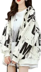 Dep Club 華奢見せ パーカー レディース ゆったり ロングパーカー ジップパーカー 大きいサイズ オーバーサイズ 薄手 韓国 韓流 韓国風 春 秋 春秋 秋冬 春服 柄 アウター(ホワイト,  2XL Regular)