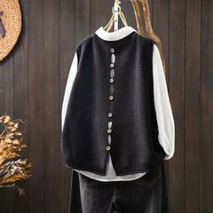 ニットベスト レディース 秋 冬 ニット プルオーバー トップス クルーネックベスト ショート丈 ノースリーブ 無地 シンプル レイヤード 重ね着 セーター 大きいサイズ ゆったり 体型カバー カジュ