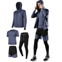 【特価商品】[Ademe] メンズ コンプレッションウェア セット トレーニングウェア 5点セット 通気防臭 スポーツウェア ランニングウェア パーカー 長袖シャツ 半袖シャツ ハーフパンツ タイツ 吸汗速乾