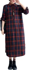 coco plaza チェックワンピース レディース ロング丈 ゆったり 体型カバー 長袖 春 秋 冬(レッド,  M)